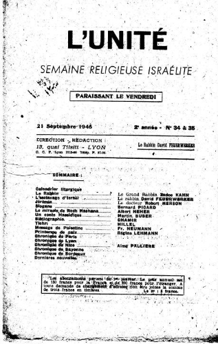 L'Unité : Semaine religieuse israélite. 2ème Année N° 34-35 (21 septembre 1945)